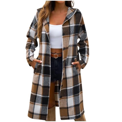Plaid Shirts for Women Oversized Button Down Long Shacket Jacket Fall Flannel Hooded Trench Coats with Pockets2