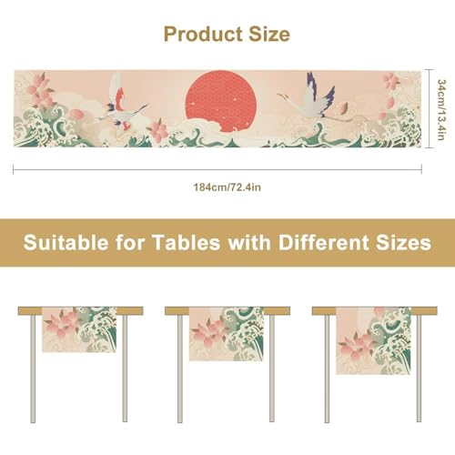 Image of Japanese Gold Crane Table Runner, Luxury Oriental Wave Pattern Table Decor for Dining Room Wedding Party Kitchen, Asian Art Tablecloth 13x72 Inch