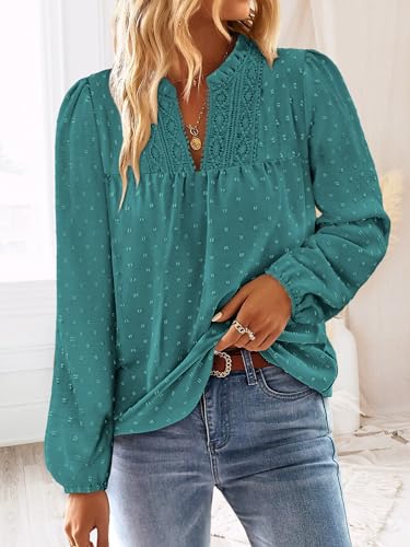 BETTE BOUTIK Women Boho Long Sleeve Shirts Dressy Casual V Neck Fall Fashion Tops Swiss Dot Flowy Blouses
