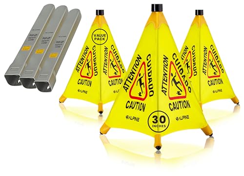Alpine Caution Wet Floor Sign 3 Pack - Pop Up Slippery When Wet Sign, Wall Mounted Foldable Bilingual Yellow Safety Warning Caution Cone for Commercial &amp; Office Use (30 Inches)