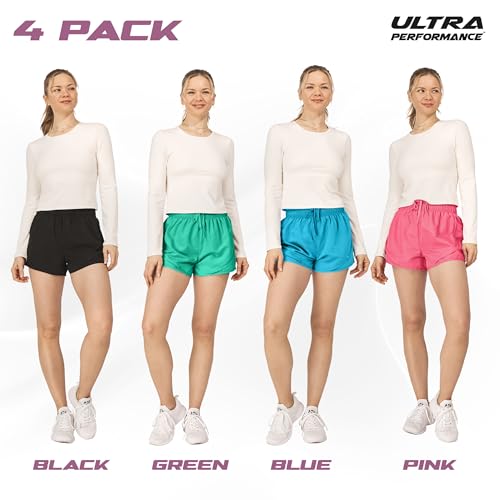 Ultra Performance Women's Running Shorts 4-Pack Athletic Workout Gym Shorts for Women, with Brief Liner2