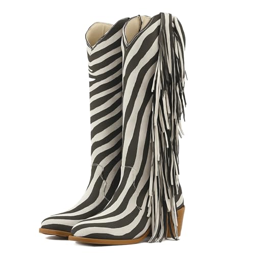 Image of KiutSymo Cowgirl Fringe Boots For Women White Tassels Cowboy Boots Knee High Pointed Toe Western Boots