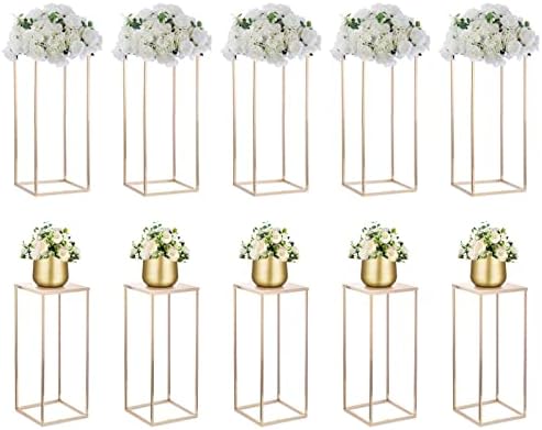 Nuptio Gold Vase for Wedding Centrepieces - 2 Pcs 80cm Tall Metal Flower Vases Flowers Stand for Party Tables Decorations Elegant Bulk Weddings Centerpieces Table Geometric Column Display Stand