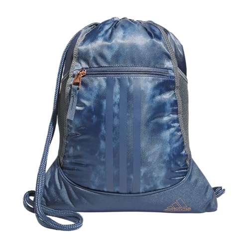 Image of adidas Alliance Sackpack DISCONTINUED, Stone Wash Preloved Ink Blue /Preloved Ink Blue /Rose Gold, One Size, Alliance Sackpack (12l) Lightweight Athletic Small Drawstring Team Sports Workout Bag