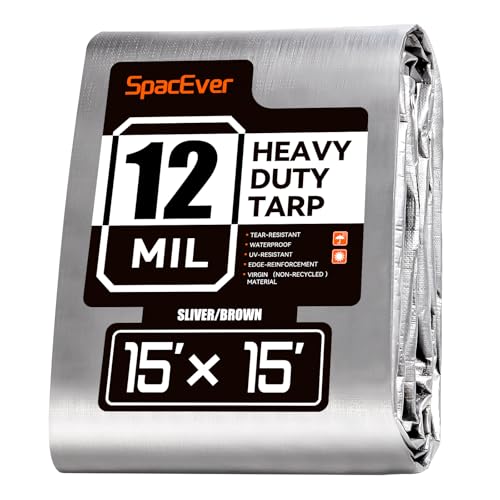 Spacever Tarp Heavy Duty 15x15 FT 12 Mil Thick Large Tarps Water-Proof with Grommets UV& Tear Resistant Plastic Cover for Pool Roof Tent Outdoor Firewood Silver& Brown