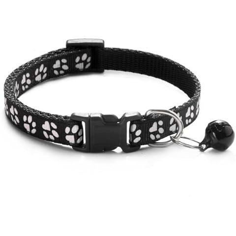 Pet Collar with Bell Cartoon Footprint Colorful Dog Puppy Cat Accessories Kitten Collar Adjustable Safety Bell Ring Necklace (Black) Cover