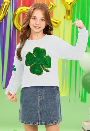 Image of Tween Girl St. Patrick's Irish Lucky Four Leaf Clover Sequin Crop Top Green White Long Sleeve Shirt 10 Years