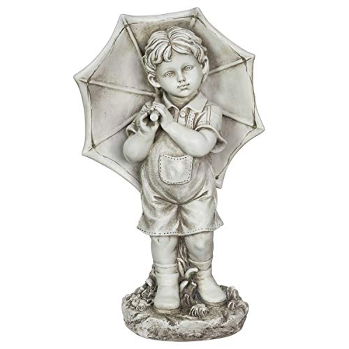 Exhart Garden Sculpture, Solar Boy Garden Statue, Led Umbrella, Outdoor Garden Decoration With Resin Stone Finish, 11.5 X 19 Inch #TOP1
