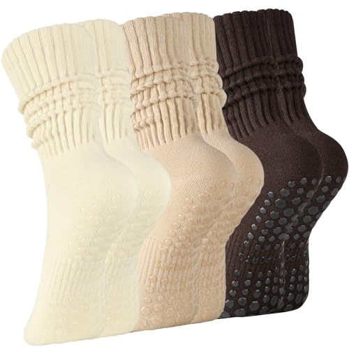 COZYOFFI Grip Pilates Socks for Women: Non Slip Scrunch Socks for Yoga Barre Brown Khaki Beige