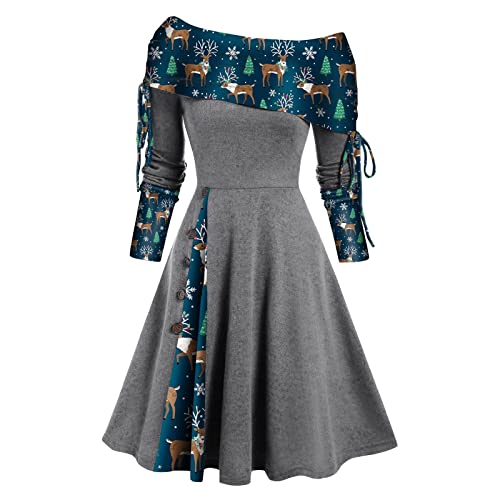 Celucke Weihnachtspullover Kleid Damen Weihnachtskleid Kariert Lustig Muster Winter Einlanger Schulter Knielang Kleider Langarm Weihnachten Party...