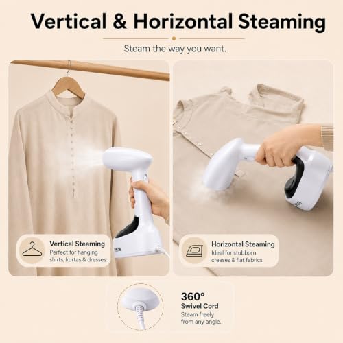 Image of INALSA TravelPress 1500W Garment Steamer for Clothes|180ml Water Tank|Stainless Steel Steam Head|20g /min Continuous Steam|360 Swivel Cord|Fast Heat Up|Portable Handheld Fabric Steamer 1 Year Warranty