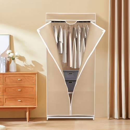 Aissiora ワードローブ 簡易クローゼット 大容量 収納ワードローブクローゼット ポータブルワードローブ カーテン付き収納クローゼット 不織布 簡単組立式 ハンガーラック 収納棚 衣類・寝具整理用 防水 防塵 防汚 ハンガーラック カバー付き（70×40×150cm） (グレー)