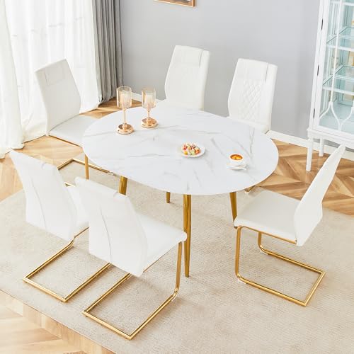 Image of Round Dining Table Set for 6, 42-54 inch Expandable Dining Table with 6 PU Upholstered Chairs, Engineered Wood Top, Space-Saving Round Kitchen & Dining Room Table Set(1 Table + 6 White Chairs)
