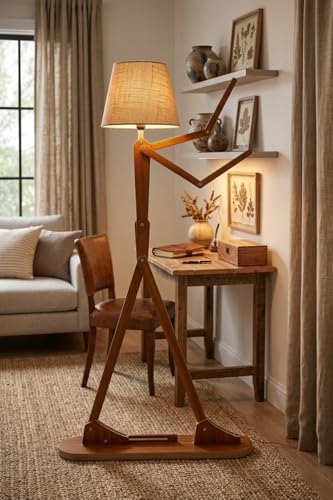 Image of Modern Wooden Adjustable Swing Arm Floor Lamp with Fabric Shade | Modern Wooden Human Shape Floor Lamp for Living Room, Bedroom & Office | Walnut Finish Decorative Lighting