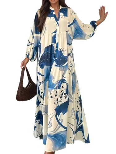Womens Floral Print Long Lantern Sleeve Dress Boho Casual Loose V Neck Button Front Flowy Fall Maxi Dresses