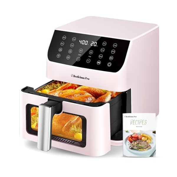 Beelicious 5.8QT Large Air Fryer, 12-in-1 Digital Airfryer with Clear Window, 40+ Recipes, Flavor-Lock Tech, Shake Reminder, Compact, Quiet, Dishwasher Safe, Nonstick (Cherry Pink)
