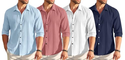 Image of FINIVO FASHION Combo of Men's Casual Cotton Plain Button Down Shirt Long Sleeve Textured Summer Beach Shirt for Men Pack of 4