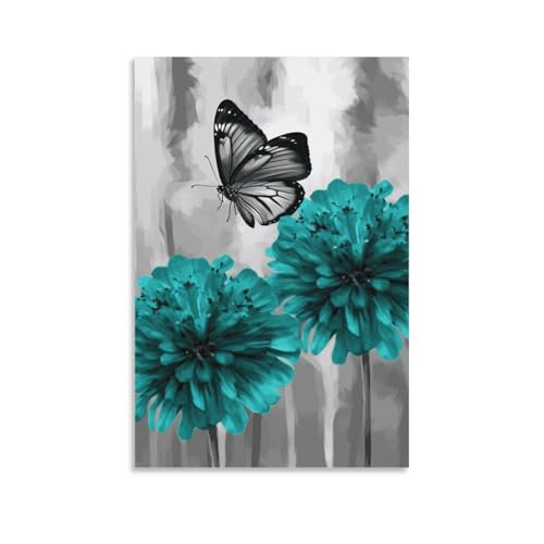Impression sur toile fleur et papillon gris bleu pour la décoration de votre salon
