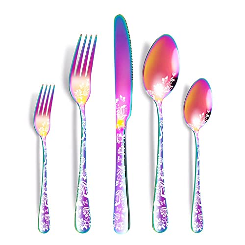 Aoresac Besteck-Set für 4 Personen, 20 Stück, aus Edelstahl, poliertes Muster, mit Blumenspiegel, inklusive Messer, Gabel für Küche, Restaurant, Party