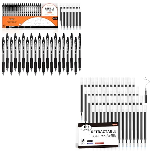 Shuttle Art School & Work Supplies Bundle, 48 Pack Black Retractable Gel Pens + 60 Pack Black Retractable Gel Pen Refills 0.7mm Fine Point for Writing Journaling Taking Notes School Office H