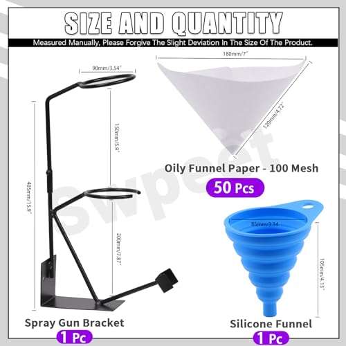 Swpeet 52Pcs 15 Global Gravity Feed Lack Spritzpistole Halter Stand mit Siebhalter, 12CM Silikon Trichter, 100 Mikron Farbfilter mit feinem Nylon Mesh Sortiment Kit für HVLP Home Auto Spritzpistole
