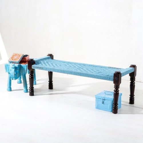Image of Wooden Bench for Seating | Handcrafted Sheesham Wood Bench for Living Room, Balcony & Garden | Traditional Patio for Outdoor with Cotton Handwoven Rope | Blue