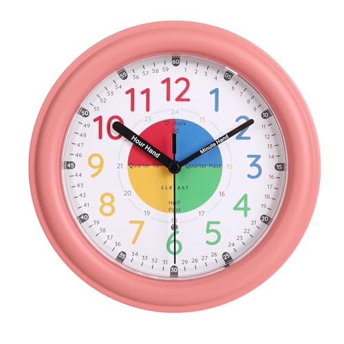 CLXEAST 8.5 Inch Learning Clock for Kids homeschools,Glow in The Dark Night Light Wall Clock for Girls Bedroom Decor,Silent Non Ticking, Back to School Gift for Girls,Birthday Gifts,Coral Pink