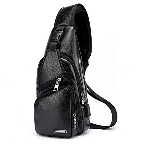 XingChen Men's Leather Sling Bag Chest Crossbody Shoulder Bag with USB Charging Port