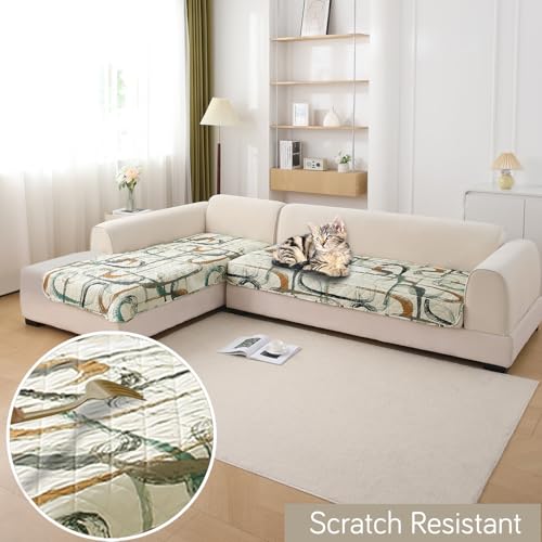 Image of HOKIPO 'Elira Series' Polyester Blend Printed Water Repellent + Waterproof Quick Dry L Shape (3+2 Seater) Sofa Seat Cover Mat, Parchement Beige Abstract Art (AR-5249-C6 + AR-5246-C6)