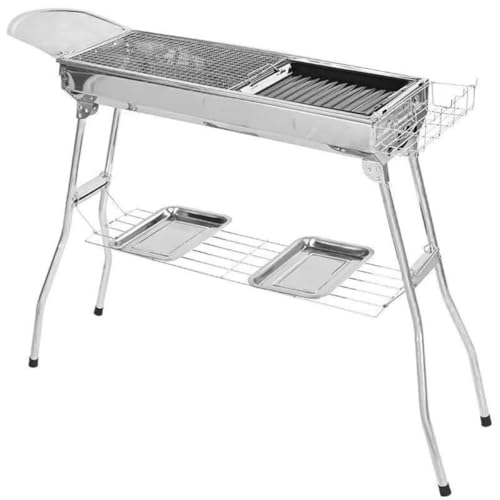 Fiozwe 大型ポータブルステンレス製折りたたみ式チャコールグリル。家庭用、アウトドアキャンプ、ピクニックに最適。調味料バスケットと収納ボックス付き。コンプリートセット。 (パッケージD,特大グリル 73×28×76cm)