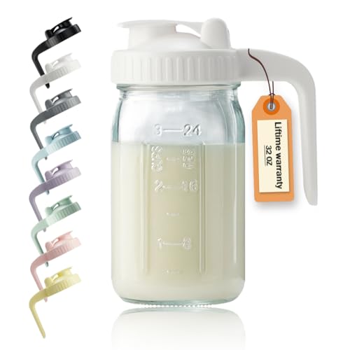 Image of 32oz Glass Pitcher with Lid & V-shaped Pour Spout - 1 Quart Breastmilk Pitcher Double Leak Proof, Creamer Container for Sun Tea, Juice, Cold Brew Coffee, Breastmilk Storage Container