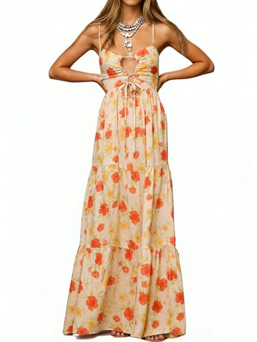 Image of Womens Summer Floral Spaghetti Strap Backless Low Cut Smocked Milkmaid Flowy Beach Sundresses