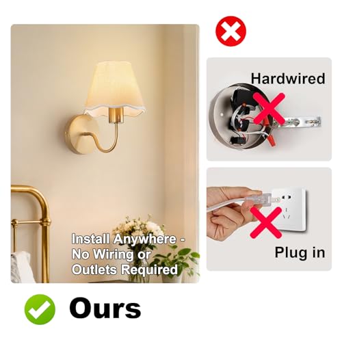 Image of ADISUN Battery Operated Wall Sconce Set of 2, Gold Wall Lamps Rechargeable Bulbs for Living Room, Cream Rattan Shade, Wireless Wall Lights for Bedroom Living Room Hallway Kitchen(2 Bulbs Included)