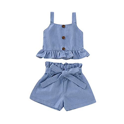 BOEBNOZCV Toddler Baby Girl Halter Denim Outfits Set Ruffled Strap Crop Tops+Short Pants with Bowknot Belt Summer Clothes Set (Denim, 4-5 Years)