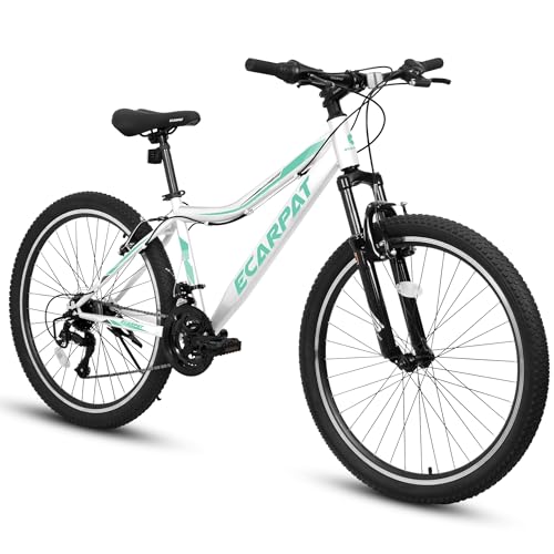 Ecarpat 26 Inch Women‘s Mountain Bike, Lightweight V Brakes 21 Speeds Steel Frame Adult Bicycle, Mens Mountain Bikes with Suspension Fork, Trail Beach Snow Commuter City Bikes, Purple and White Color