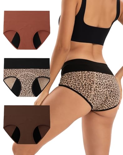INNERSY Periodenunterschwäsche Hohe Taille Menstruation Unterwäsche Auslaufsicher Slip 3 Pack (42, Braun/Rotbraun/Leopard)
