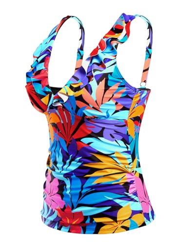 Image of Ruffle V Neck Tankini Top Only Women Tummy Control Swimsuit Tank Top | Removable cups for custom bust lift, Blend soft spandex to stretch easily