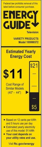 Energy Guide label for the ONN 42-Inch TV, showing an estimated yearly energy cost of $11.