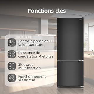 CHIQ Réfrigérateur congélateur FBM205L42-205L (153 + 52),Classe énergétique E, 39 dB, Acier noir, Low frost, Portes réversibles