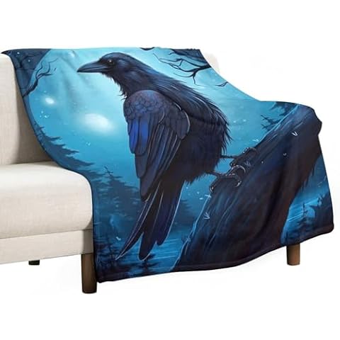 JHION Raven Flannel Fleece Blanket, Crow Throw Blankets, Cozy Fuzzy Warm Bed Blanket, Moon Printed Blanket for Couch Bed Sofa Travel 30"x40" Cover