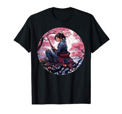 Japanese Samurai Girl Vintage Retro Sakura Cherry Blossom Camiseta
