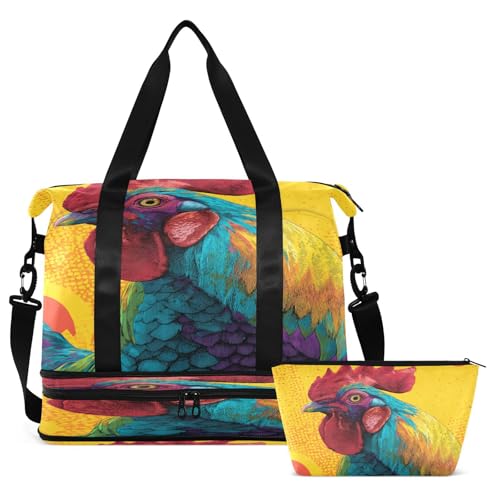 Yellow Rooster Travel Duffel Bag for Women Men Gym Bag with Shoe Compartment Wet Pocket Carry On Weekender Overnight Bags for Travel Hospital Gym