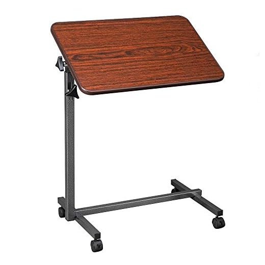 OMECAL Overbed Table w/Wheels, Adjustable Bedside Sofa Side Table Rolling Laptop Computer Desk Food Tray Table w/Tilting Top, for Home, Wood Grain