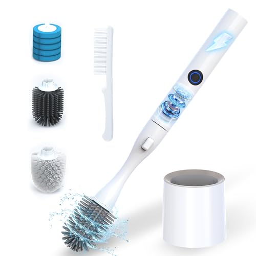 Miadore Electric Toilet Brush with Holder Hands-Free Auto-Clamp Toilet Scrubber with 3 Replacement Heads (Silicone/Nylon/Disposable) and Gap Brush Compact Bathroom Cleaning Set for RV