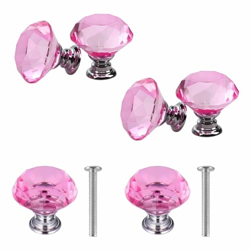 TFSYLISA 6 Pièces Bouton De Meuble, 30mm Boutons de Porte de Cristal, Poignee de Meubles Diamant avec Vis pour Accueil Bureau Coffre Armoire Tiroir (Rose)