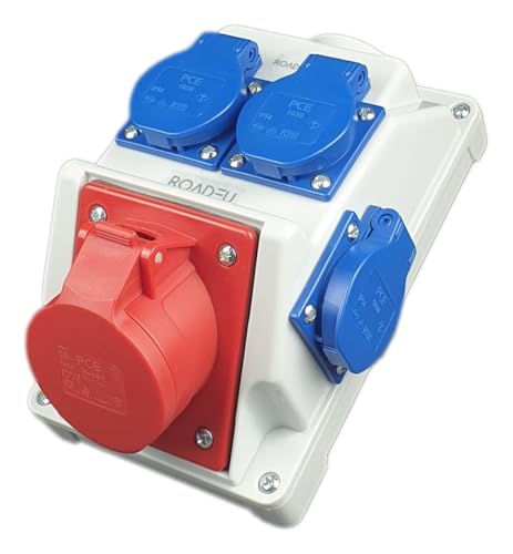 RoadEu - Steckdosenverteiler - CEE Steckdose 16A mit 3x Schuko 230V. Stromverteiler IP44 Für den Innen- und Außeneinsatz Baustromverteiler 16A. Ausschließlich Europäische Komponenten.