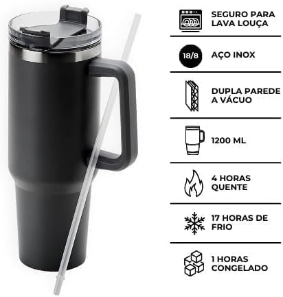 Copo Térmico Grande 1200ml com Canudo e alça. Parede Dupla em Inox, Mantém Bebidas Frias e Quentes p