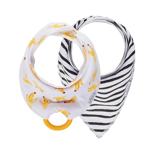 Image of Dr. Brown's Super Soft & Absorbent Baby Bandana Bib with Snap-On Teether, 3m+, 2-Pack, Black Stripes & Bananas