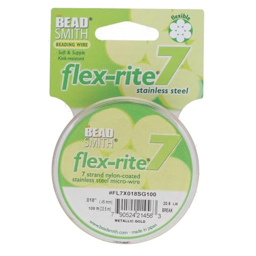The Beadsmith Flex-Rite 7 Strand Nylon Coated, Stainless-Steel Beading Wire, Jewelry Making Supply (.018 Dia,Metallic Gold - 100 Ft)