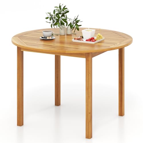GOPLUS Table à Manger en Bois d'Acacia FSC, Table Exterieur pour 4 Personnes, Table Ronde 100CM Classique Intérieure pour Jardin Balcon,Salle à Manger,...